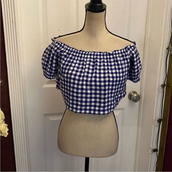 L’Academie Blue Gingham Off-Shoulder Top, S - Picture 1 of 9
